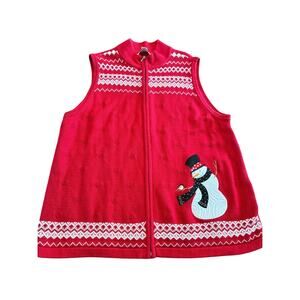 Granny Christmas Snowman Sweater vest zipper 100% cotton 1X
